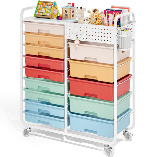 Rolling Storage Cart with 14 Drawers, Storage Organizer Cart with Tabletop and Pegboard,Utility Cart for Living Room, Classroom, Bedroom,Bathroom,Dorm,Office (Rainbow)
