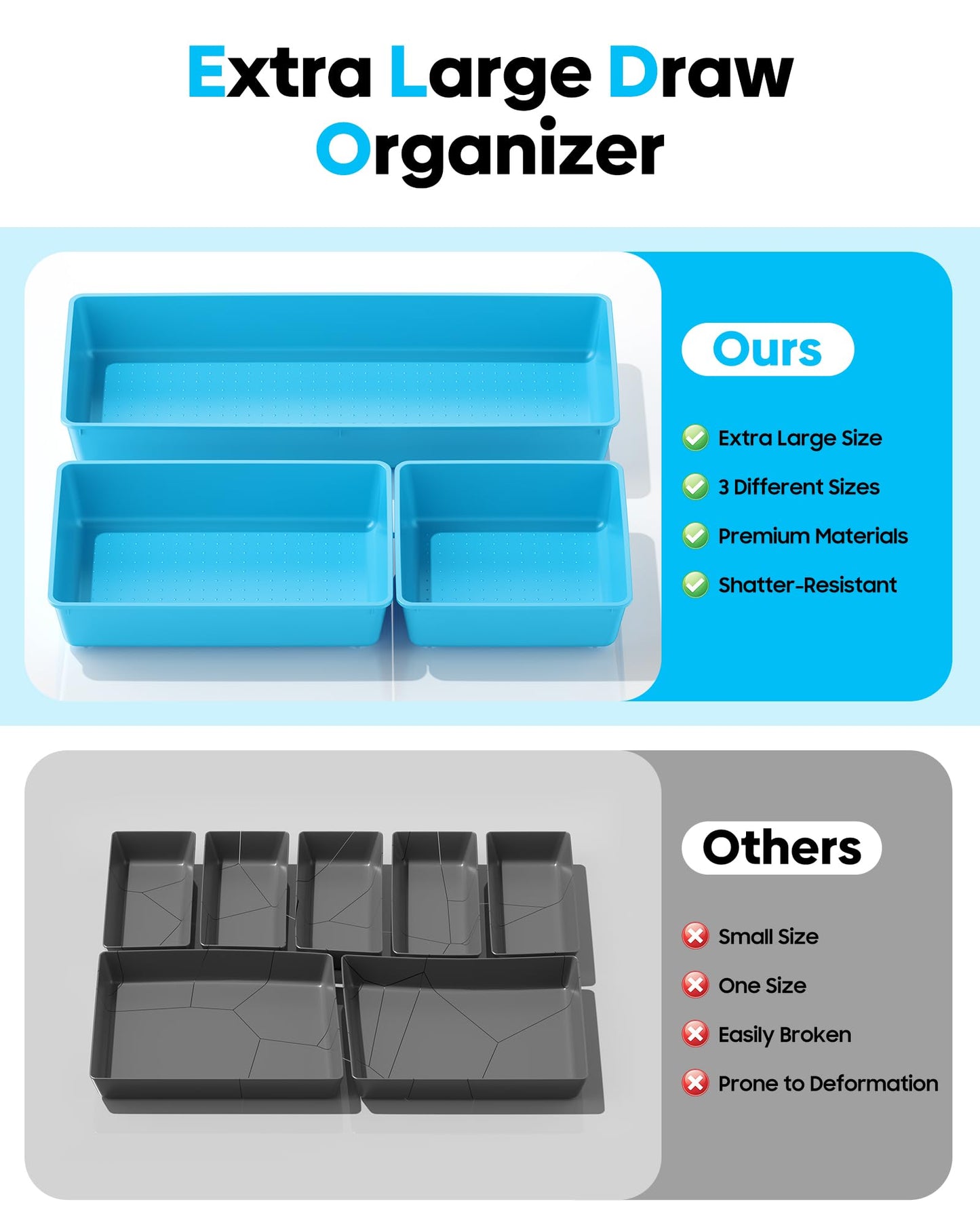 MLIKLU 10 Pack Large Size Plastic Drawer Organizers Set, 3 Sizes Desk Drawer Organizer Trays, Storage Bins for Vanity, Makeup, Bathroom, Kitchen Utensils and Office (Blue)