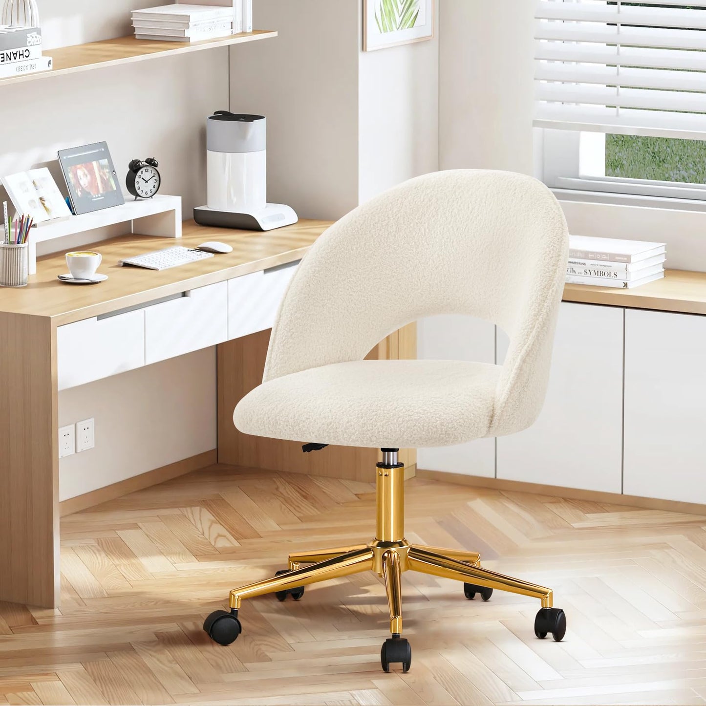 Vanity Chair with Back, Cute Office Desk Chair with Wheels for Girls, Upholstered Armless Accent Chair with Gold Metal Height Adjustable Soft Sherpa Fabric for Living Room/Makeup Room/Bedroom,White