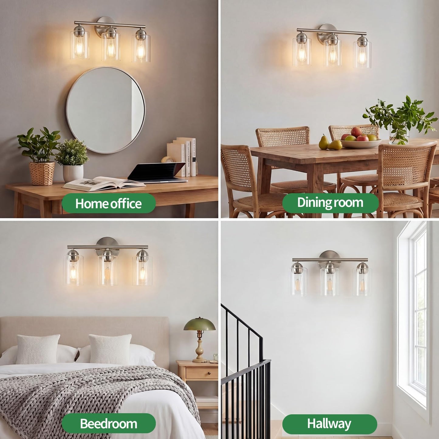 RUIGE Minimalist 3-Light Brushed Nickel Bathroom Vanity Light, Modern Silver Wall Sconce with Clear Glass Shades, Sleek Bathroom Lighting for Bedroom, Hallway YG3L-BN (Bulbs Not Included)