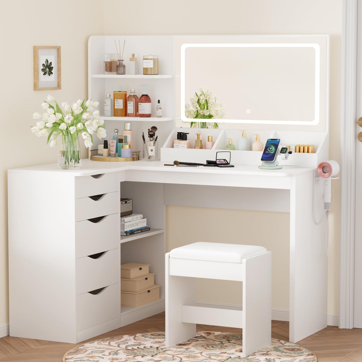 YESHOMY Vanity Desk with Lights and Mirror, L Shaped Makeup Table, with Hairdryer Holder and Fast Charging, Adjustable 3 Lighting Modes, 5 Drawers and Adjustabled Open Storage Shelves, White