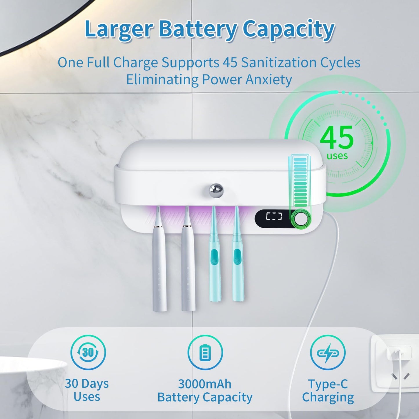 Zyntieu UV Toothbrush Sanitizer and Holder, Wall-Mounted Electric Toothbrush Cleaner with Air Drying & Countdown Timer, Long Battery Life, USB Rechargeable, 4 Slots Bathroom Toothbrush Holders