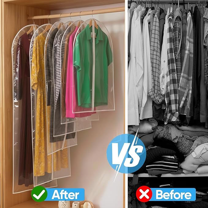36” All Clear Garment Bags for Women Suit Bags - PEVA Waterproof Suit Cover with Zipper for,Hanging Clothes, Coats - Durable Dresser for Closet Storage, Dustproof & Moisture Resistant - 36”/6 Pack