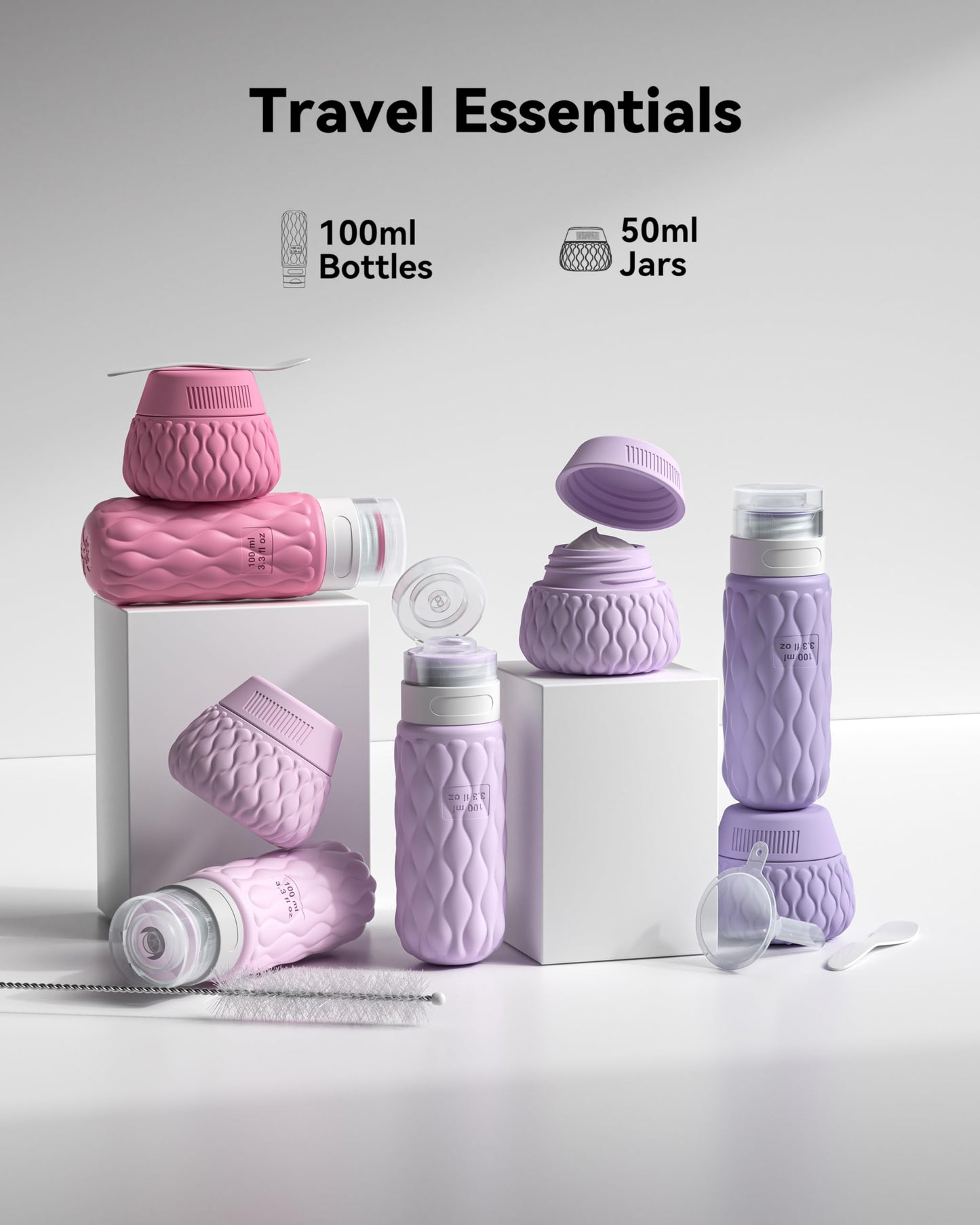 Lericttor Silicone Travel Bottles for Toiletries 8 Pack Travel Size Toiletries 3.4 oz 1.7 oz, Leakproof Squeeze Travel Size Containers Refillable Cosmetic Jars Set for Shampoo, Conditioner, Creams