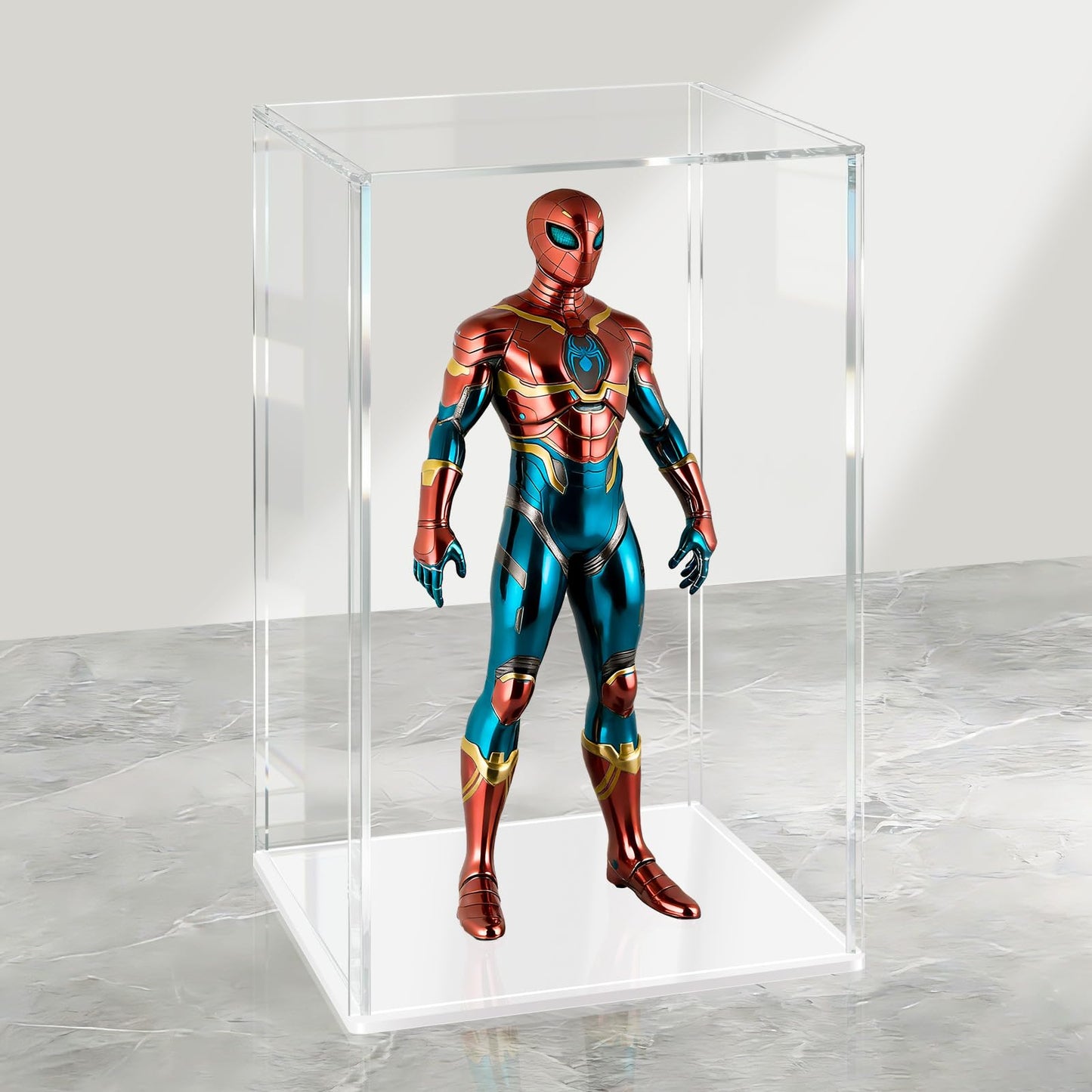 LANSCOERY Acrylic Display Case, 4.7x4.7x7 in, Upgraded Thickened UV-Resistant Showcase, 98% Clarity Dustproof Box with Glossy White Base for Action Figures, LEGO & Models, Scraper & LED Light