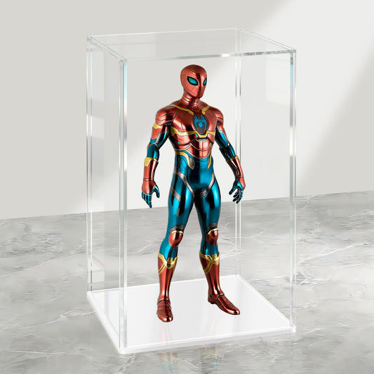 LANSCOERY Acrylic Display Case, 4.7x4.7x7 in, Upgraded Thickened UV-Resistant Showcase, 98% Clarity Dustproof Box with Glossy White Base for Action Figures, LEGO & Models, Scraper & LED Light