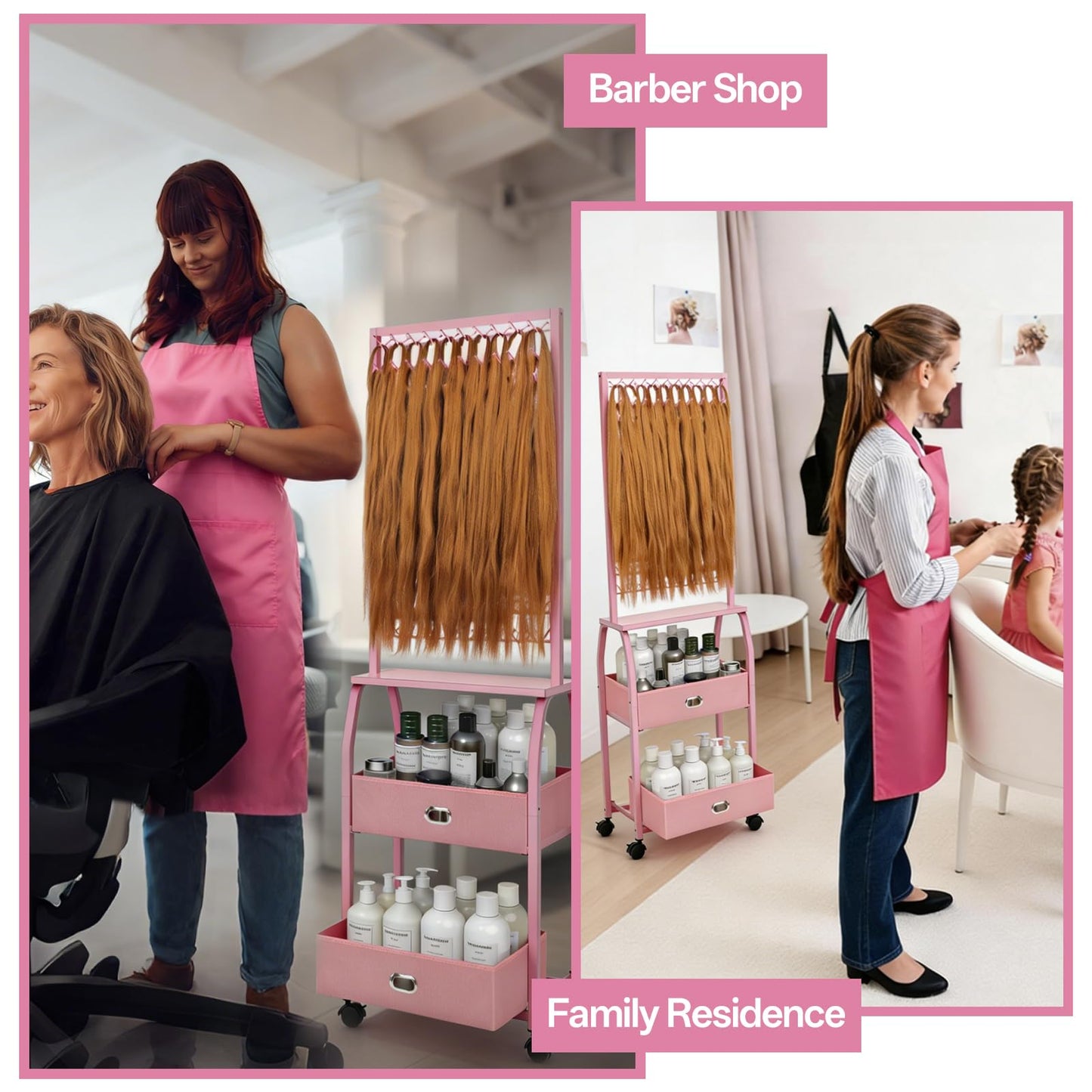 Portable Braiding Hair Rack with Wheels & Storage Drawers,2-Sided 288 Pegs,Hair Extension Holder Hanger for Braiding Hair Separator Stand Display,Hair Rack with Stylist Hair braiding Tools（Pink）