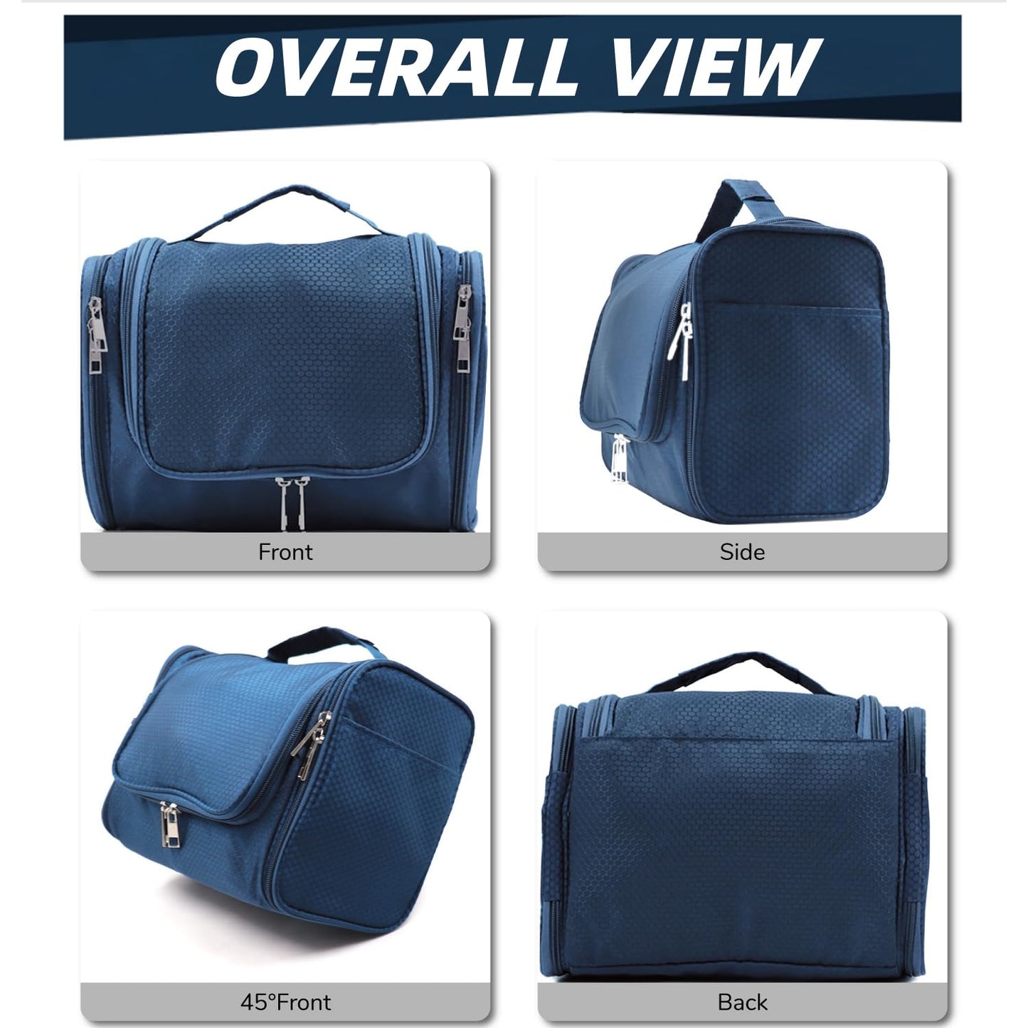 Buruis Hanging Toiletry Bag for Women and Men, Large Water-Resistant Makeup Organizer with Sturdy Hook, Lightweight Nylon Dopp Kit for Full-Sized Toiletries & Cosmetics, Blue