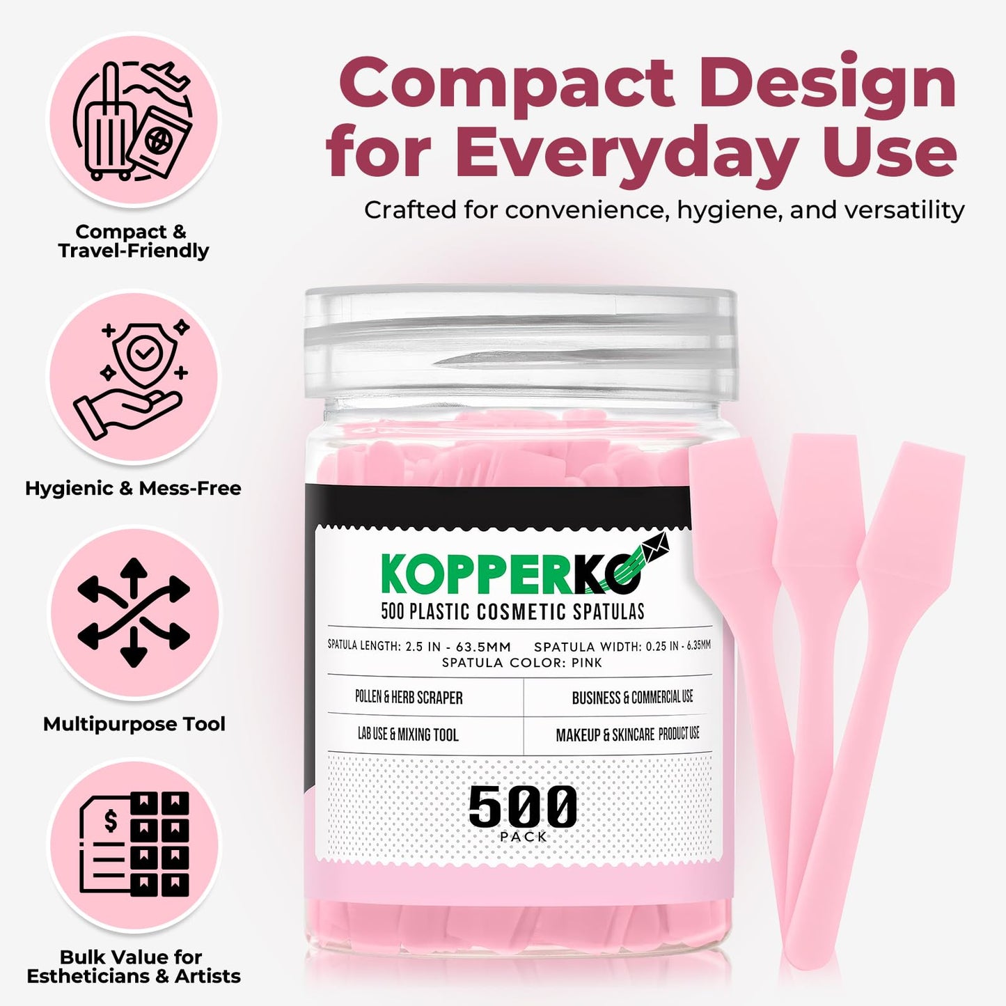Kopperko Mini Face Cream Spatula (2.5", 500 Pack) - Small Lotion Spatula Tool for Skincare, Creams & Crafts | Skincare Applicator for Mixing, Cosmetic, Face Mask | Disposable Makeup Paddles | Pink