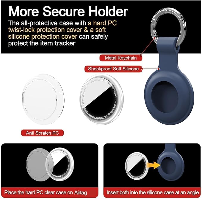 Upgraded for AirTag Holder with Clear Cover Full Coverage Case Keychain for Air Tag, Silicone for Air Tagholder 4 Pack for Apple GPS Tracker Item Tag Finders, Black/White/Blue/Red