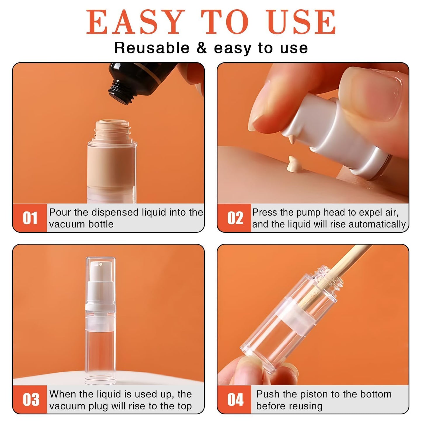 Airless Pump Bottles - Refillable Vacuum Travel Containers for Lotion, Cream, Serum, Foundation, Leak-Proof Clear Plastic Mini Dispensers, BPA-Free Travel Toiletry Pump 4 Pack 10ml