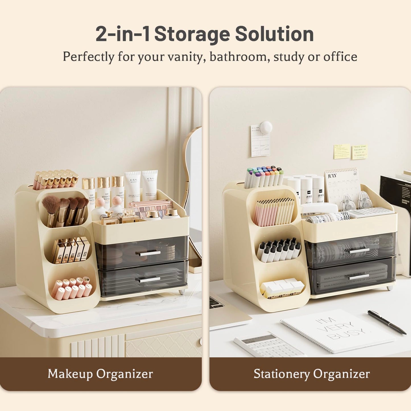 Aveniee Makeup Organizer with Drawers, Large Bathroom Countertop Storage for Vanity, Cosmetic & Skincare Display Case for Brushes, Perfumes, Lipsticks (Cream White)