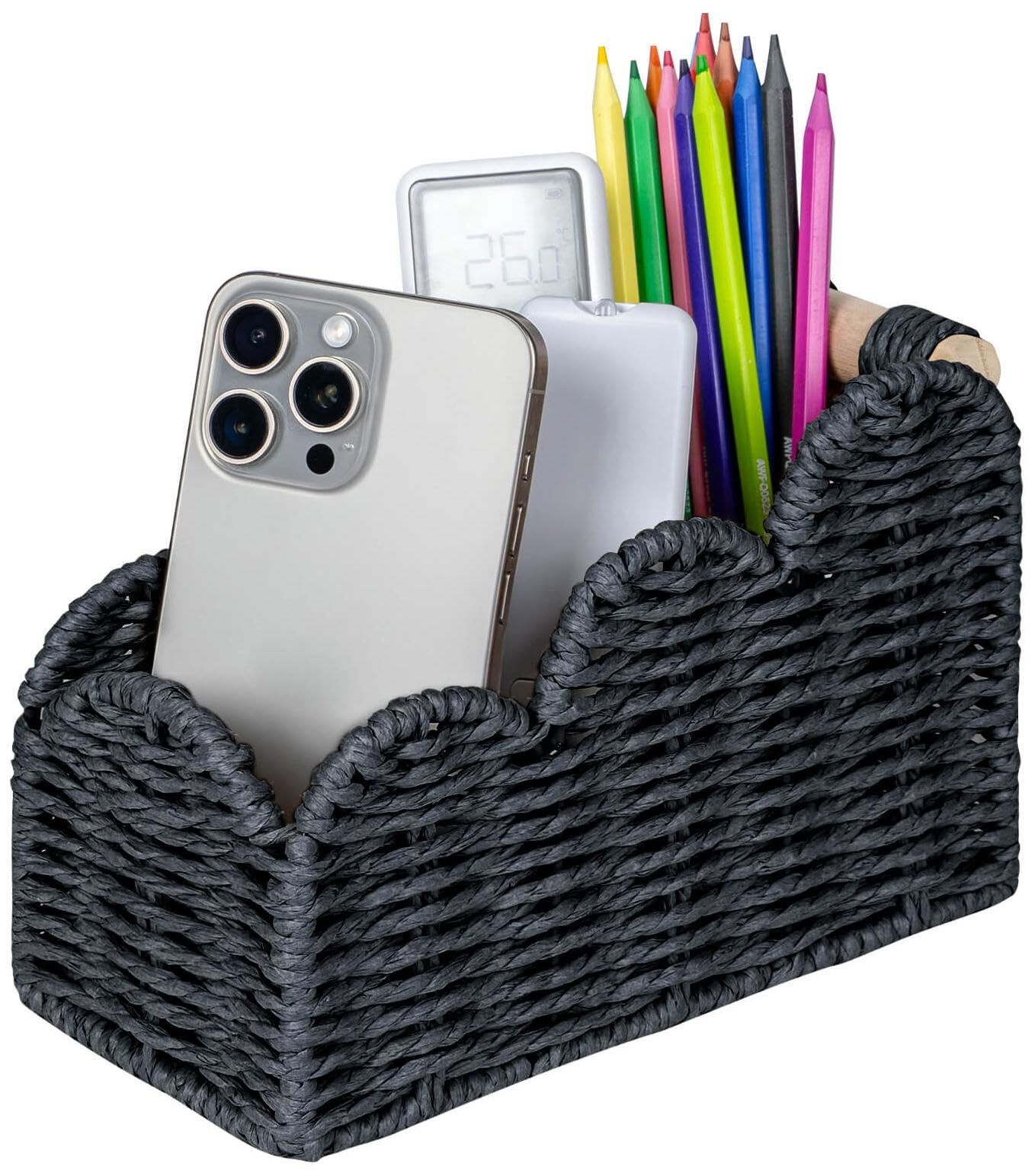 CubesLand Bedside Table Desk Organizer Caddy, Remote Pen&Pencil Holder Cup, Makeup Brush Holder w/Scalloped Perfect for Home, Office Desk, Living Room Table Decor, 3 Slots Black