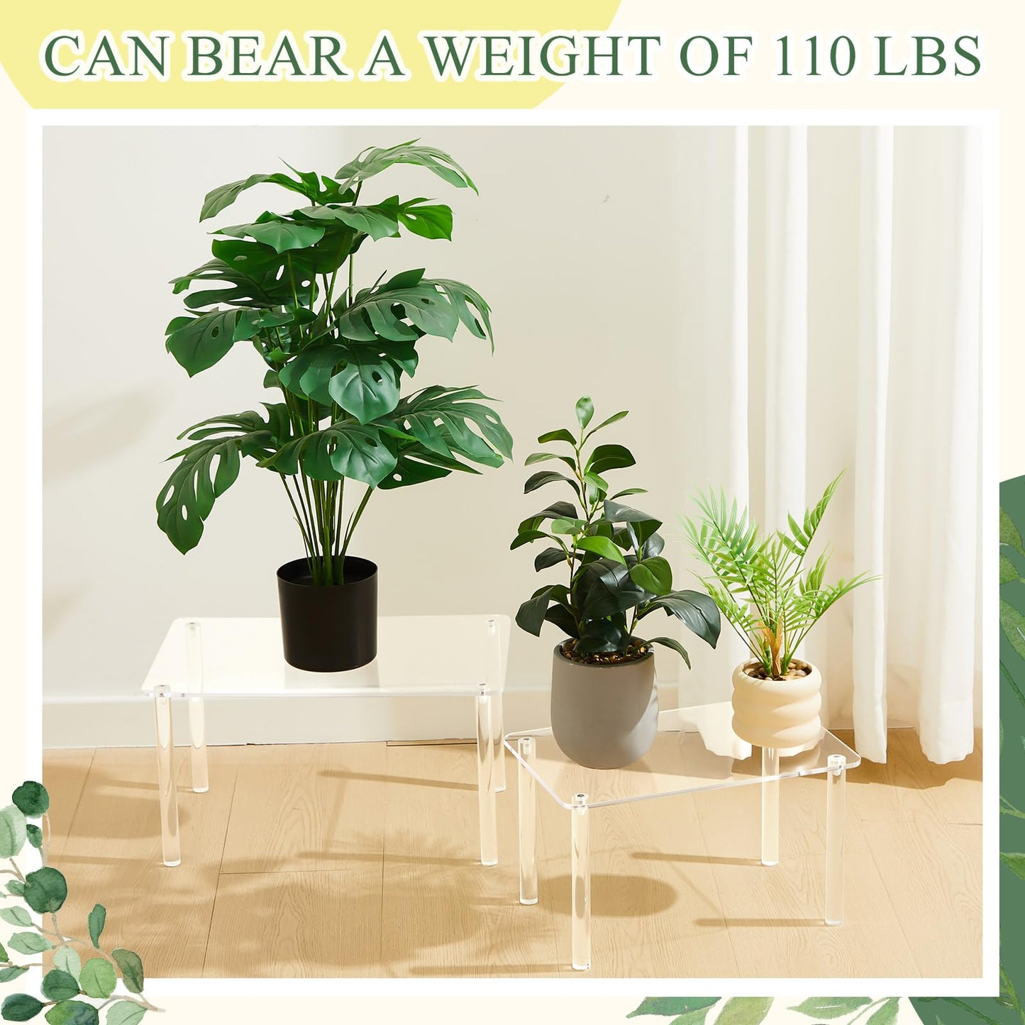 RattanView 2 Pcs 14 Inch Acrylic Risers Display Stands Rectangular 4-leg Acrylic Plant Stand, 6mm Thick Clear Shelf Riser Display Stands for Decor Collectibles Figures and Item Photography