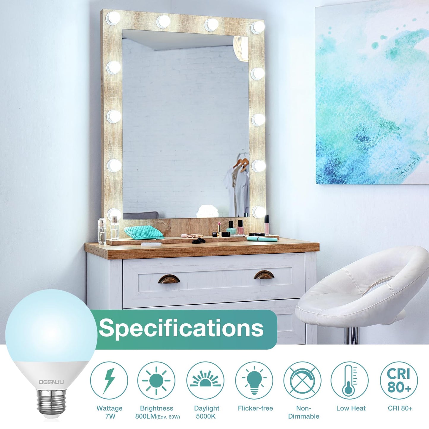 DEGNJU LED Vanity Light Bulbs, 60W Equivalent, Bathroom Light Bulbs 5000K Daylight White, 800 Lumens, G25 Globe Bulb for Makeup Mirror, Round Shape, 7W, 120V, Non-Dimmable, 10 Pack