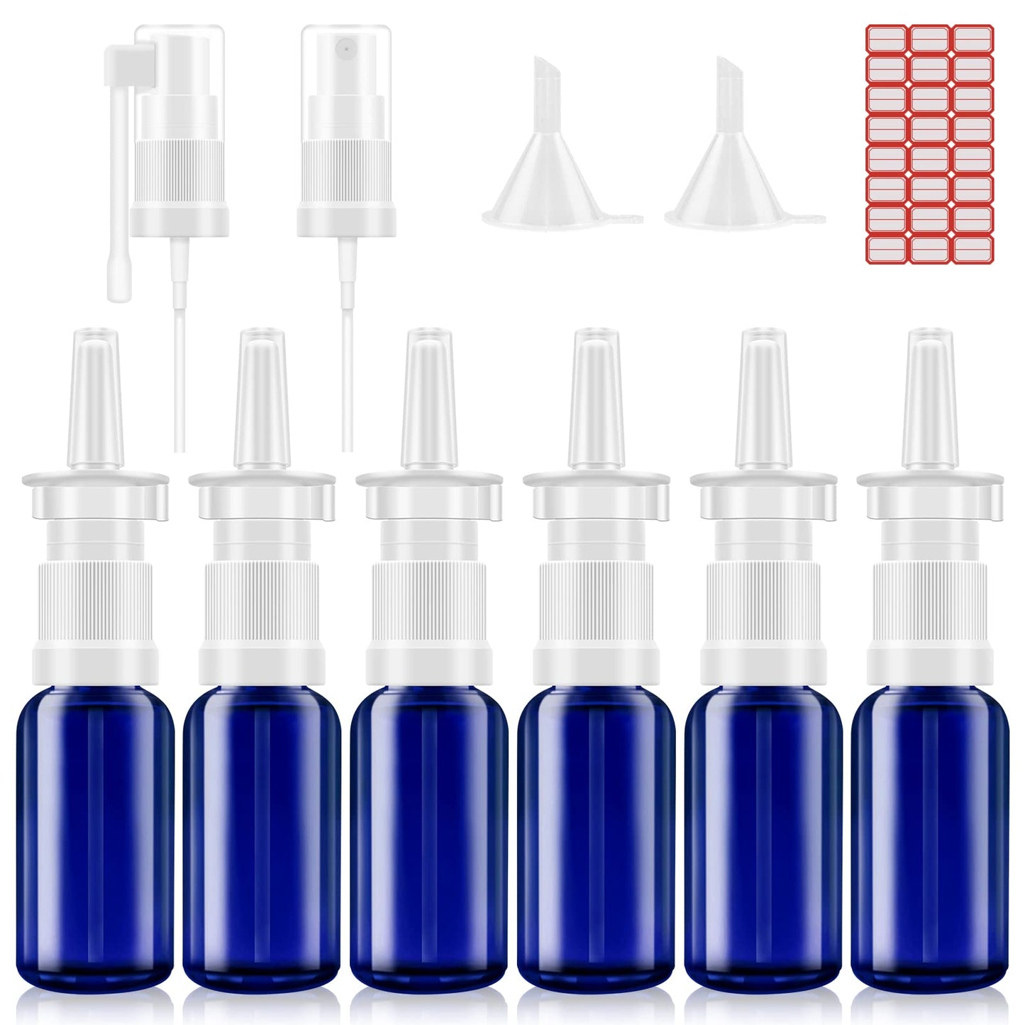 FZENeast Nasal Spray Bottle, 6 Pcs 30ML/1oz Glass Refillable Continuous Fine Mister Spray Bottles, Small Empty Nasal Sprayer with Different Sprayers, Funnels, Travel Clips and Labels(Blue)