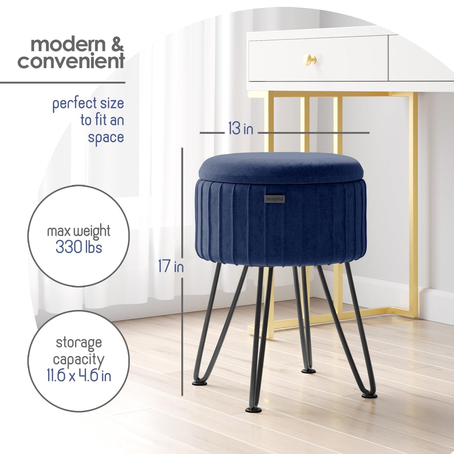 STORAGEBUD Round Ottoman with Storage, Pleated Velvet Storage Ottoman, Foot Stool Ottomans, Makeup Vanity Stool, Small Ottomans Foot Rest, Modern Vanity Stools for Living Room and Bedroom, Blue