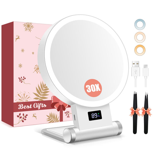 B Beauty Planet Magnifying Mirror with Light 30X, 2000mAh 1X/ 30X Magnifying Makeup Mirror with Standable Base & Tweezers, 3 Color Modes with Adjustable Brightness& Smart Display, Foldable for Travel