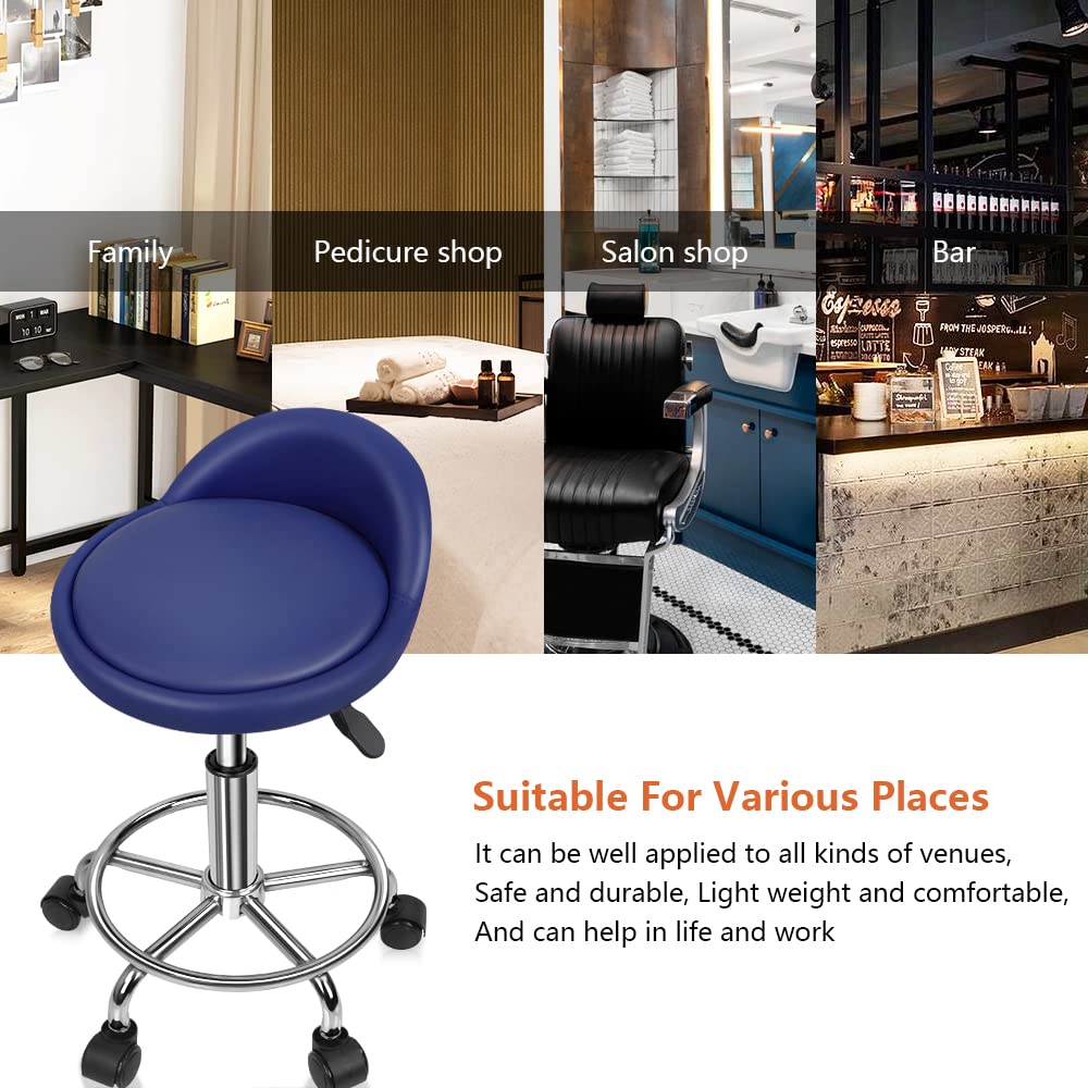 KKTONER PU Leather Round Rolling Stool with Foot Rest Height Adjustable Swivel Drafting Work SPA Task Chair with Wheels (Blue)