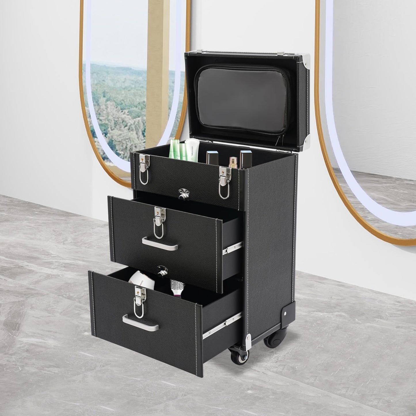 FLYHERO Professional Makeup Trolley Case, Rolling Makeup Nail Case Makeup Train Case with 4 Wheels Jewelry Travel Cosmetic Organizer Makeups Train Suitcase for Outdoor, Travel (Black+Silver)