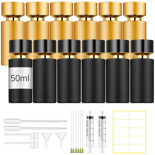 Teenyyou 12 Pack 50 ml Glass Perfume Bottles and Refill Tools Set, Travel Perfume Atomizer Spray Bottles, Portable Empty Refillable Atomizer Decanters with Dispenser Transfer Kit (Black,Gold)