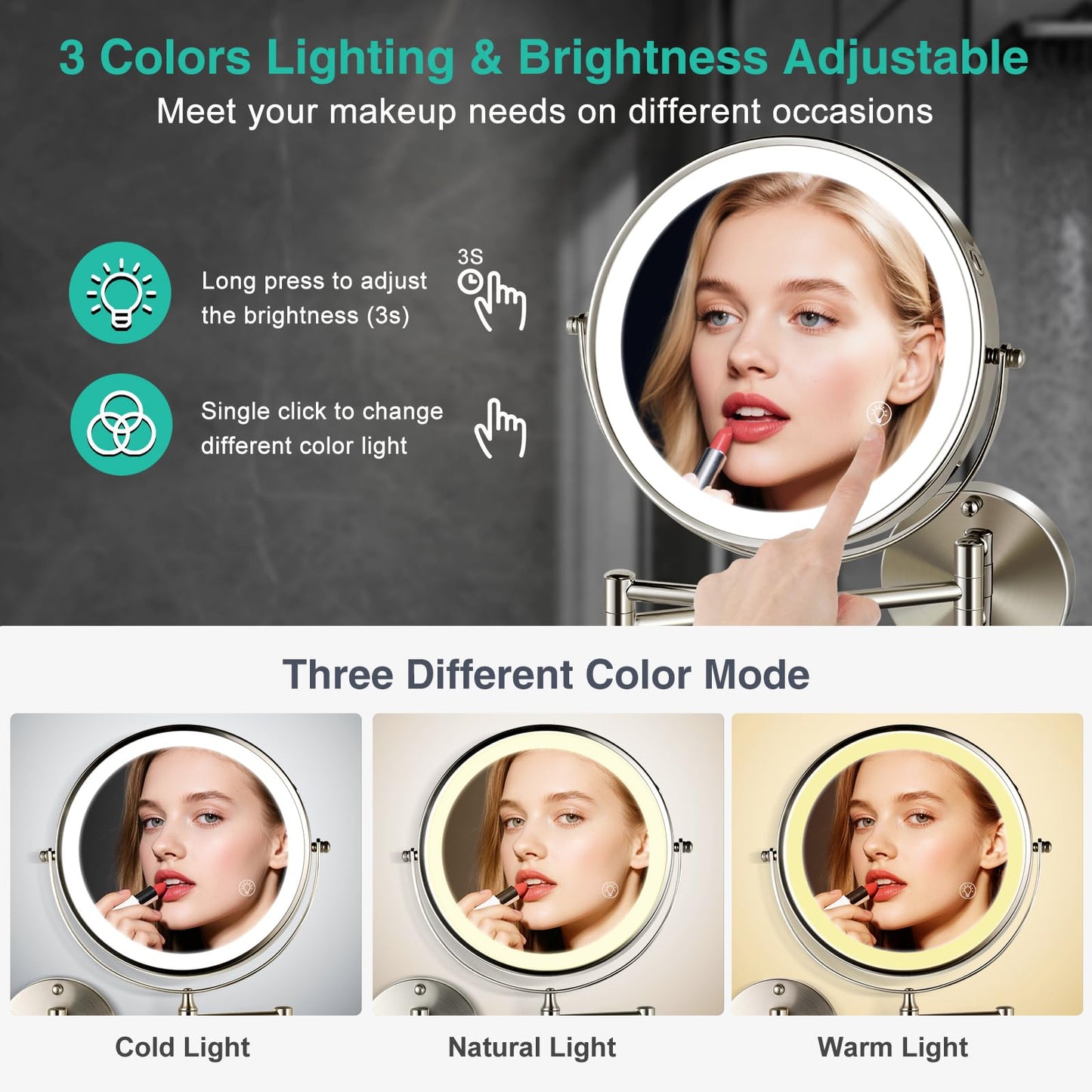 30X/1X Lighted Makeup Mirror with Magnification, 8.5inch 3000mAh Rechargeable Magnifying Mirror with Light, 3 Color Lights,Touch Dimmable,Extended Arm 360 Rotation Wall Mounted Makeup Mirror