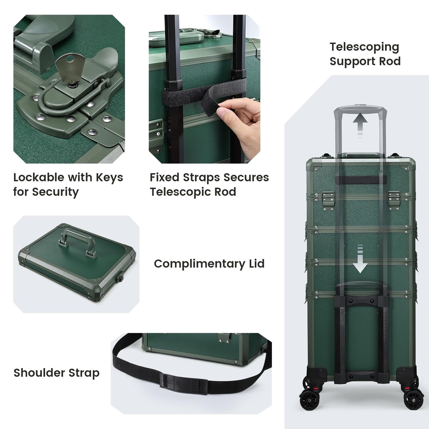 Rolling Makeup Case Makeup Train Case with Lid 5 in 1 Cosmetology Case on Wheels Cosmetic Trolley Organizer Large Makeup Organizers Case Profesional Cosmetic Case for Salon Barber Nail Beauty, Green