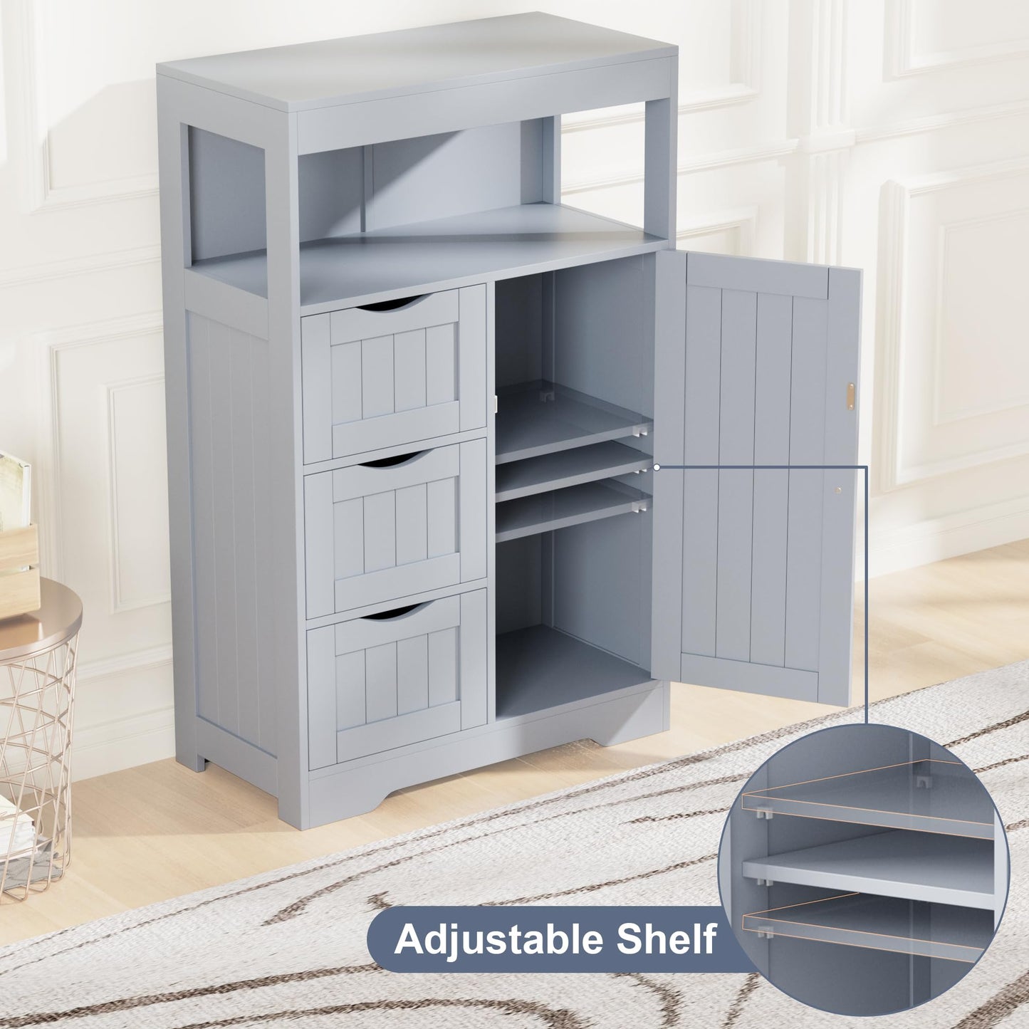 YESHOMY Bathroom Storage Cabinet Freestanding Floor Cupboard with 1 Door and 3 Drawers for Kitchen, Living Room, Gray