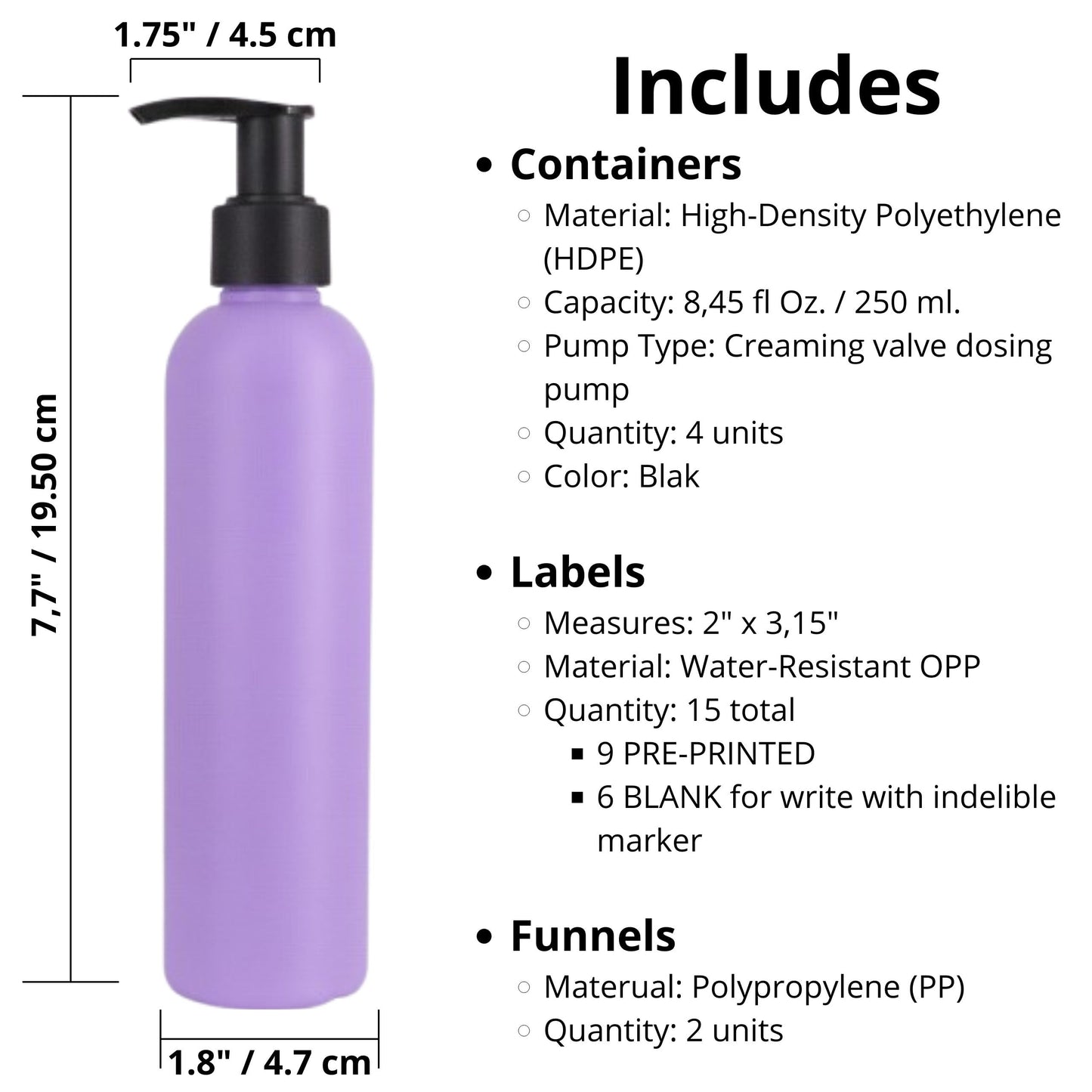 MOXMAR Pack of 4 HDPE Bottles 8.5 fl oz with Black Cream Pump + 2 Funnels & Labels | Refillable Plastic Dispenser Bottles for Lotion and Everyday Use (4, Lavender Bottle + Black Pump, 8.5 fl oz.)