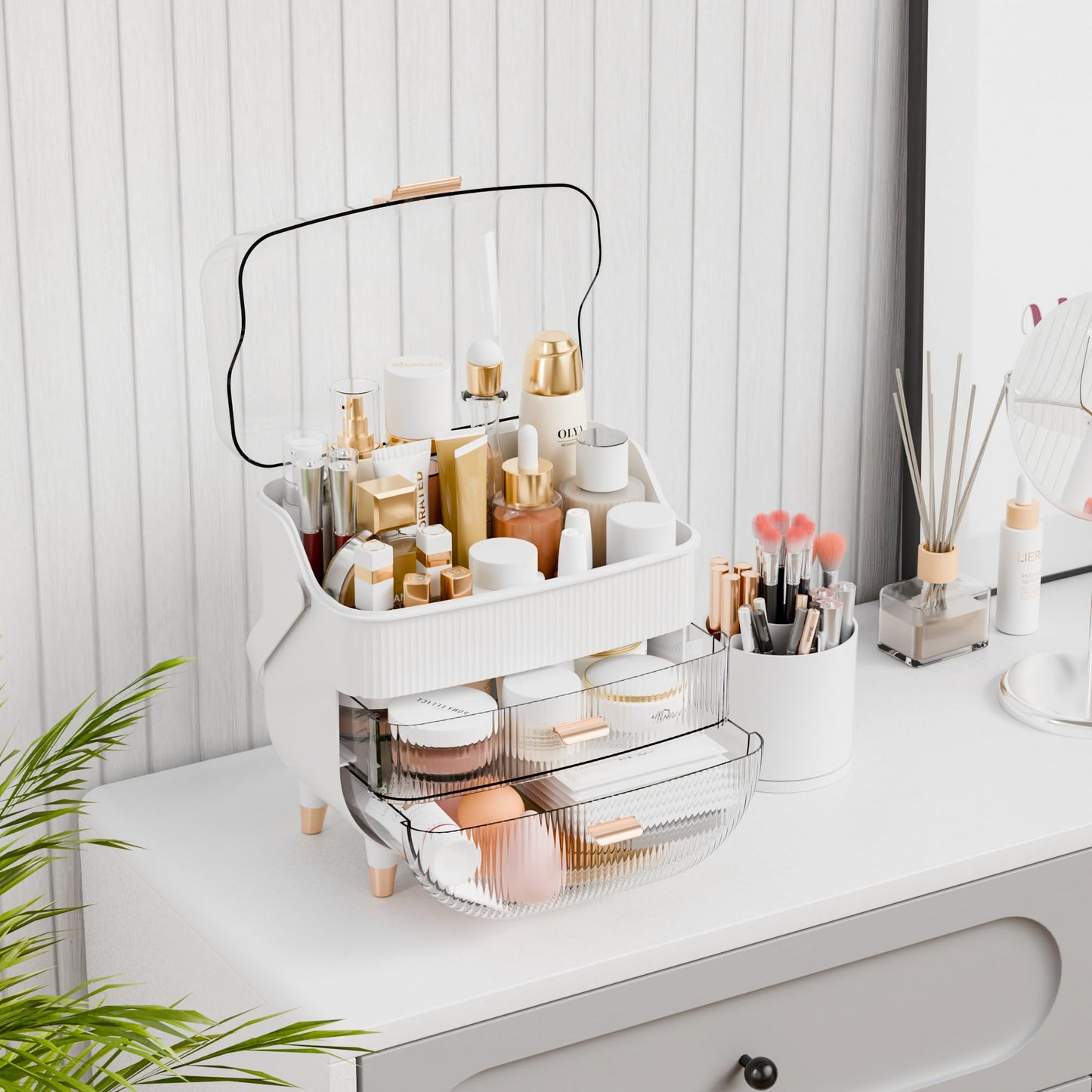 Yieach Countertop Makeup Organizer With Lid,Large Skincare Organizers With 2 Drawers,Dustproof Cosmetic Display Cases for Bathroom,Dresser,Lotion,Beauty,Skin Care Holder,Makeup Storage Organizer,White