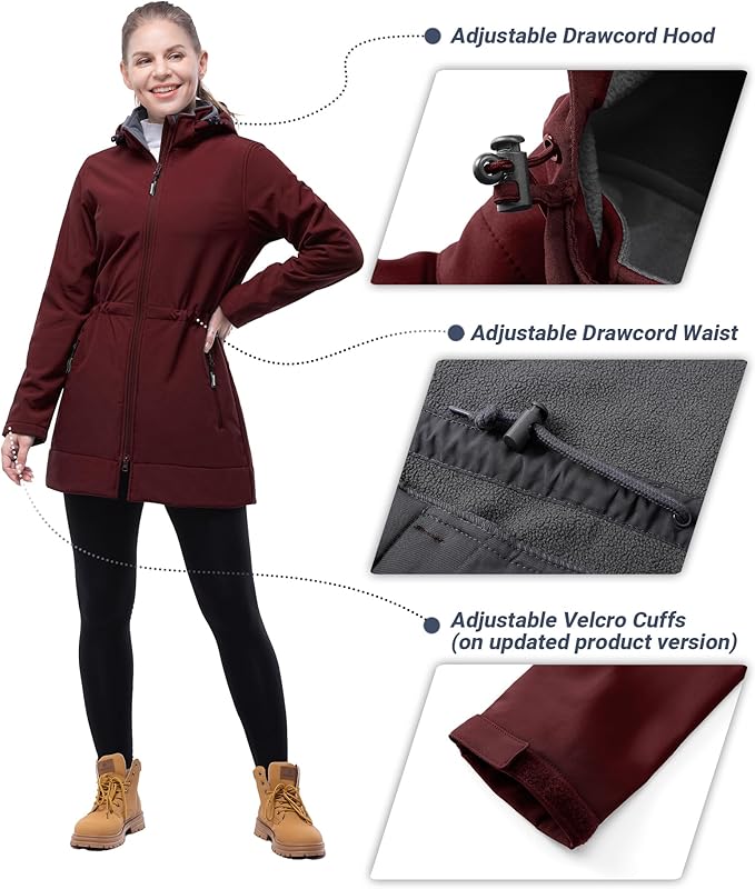Outdoor Ventures Women's Softshell Jacket with Removable Hood Fleece Lined Windbreaker Insulated Long Warm Rain Jacket