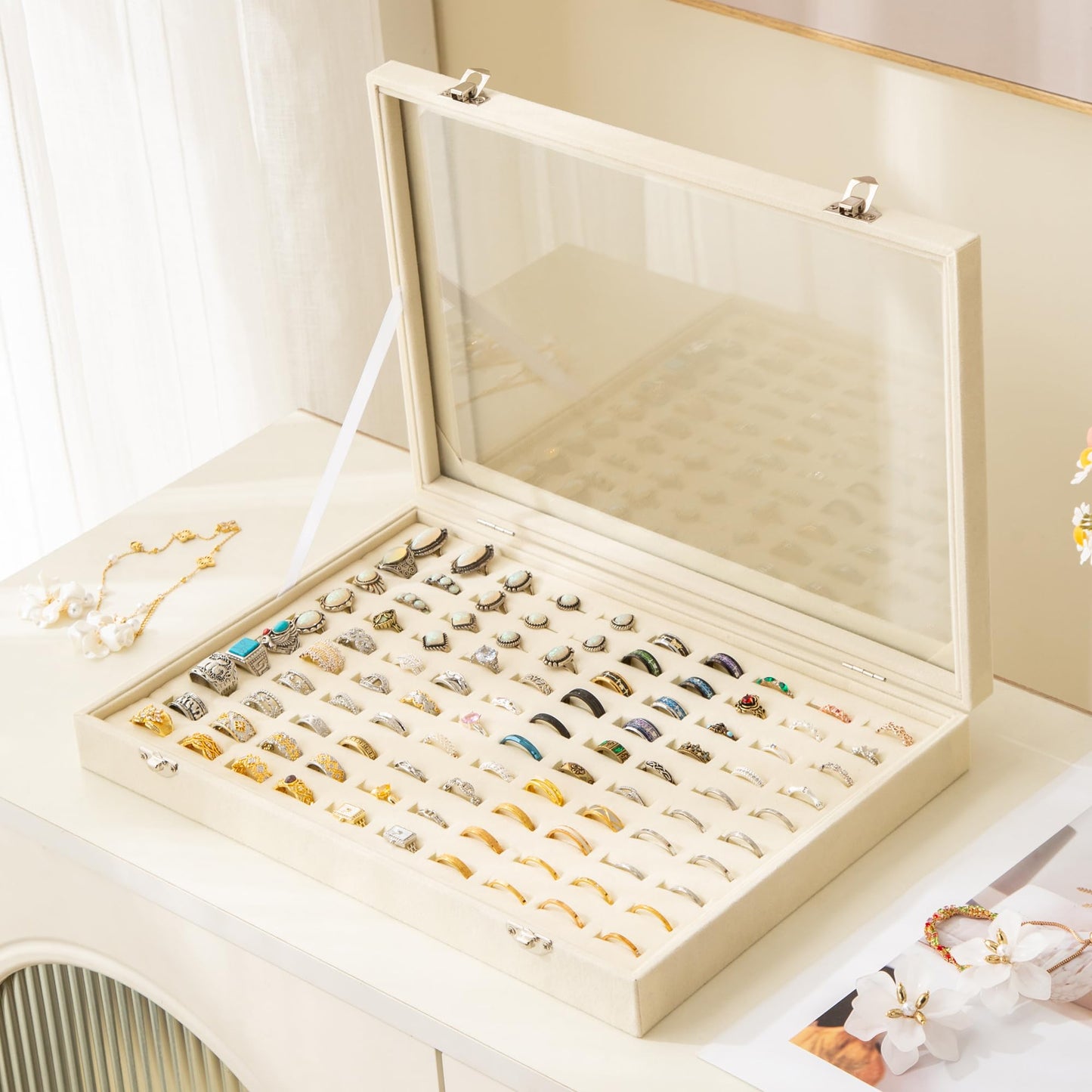 Frebeauty Ring Organizer Tray 100 Slots Ring Holder with Clear Lid Velvet Storage Box Jewelry Tray for Jewelry Store Earring Display Case for Jewelry Show Studs Box for Women(Beige)