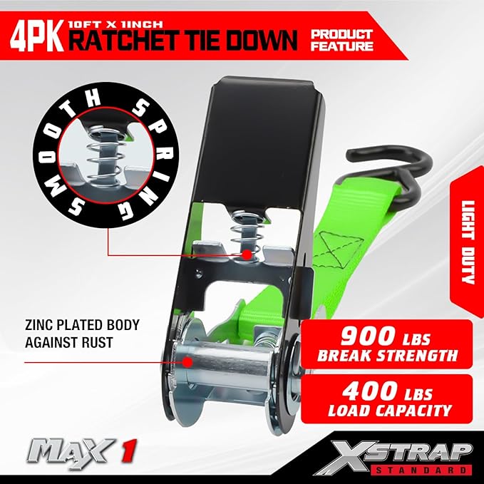 XSTRAP STANDARD Ratchet Tie Down Straps 4 Pk 10 Ft- 300 Lbs Load Cap- 900 Lbs Break Strength-Cargo Straps for UTV, ATV, Pickup,Truck, Moving Appliances, Lawn Equipment, Neon Green