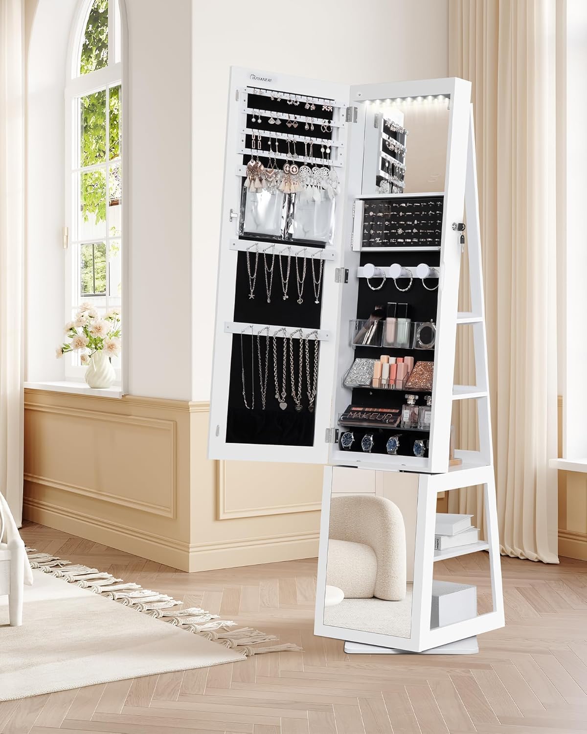 Hzuaneri 16 LEDs Jewelry Cabinet Armoire, Standing Jewelry Organizer with 360° Rotating Base, Lockable Full-length Mirror, 5-tier Storage Shelves, 4-in-1 Design, 61.5" H, White and Black JC15903B