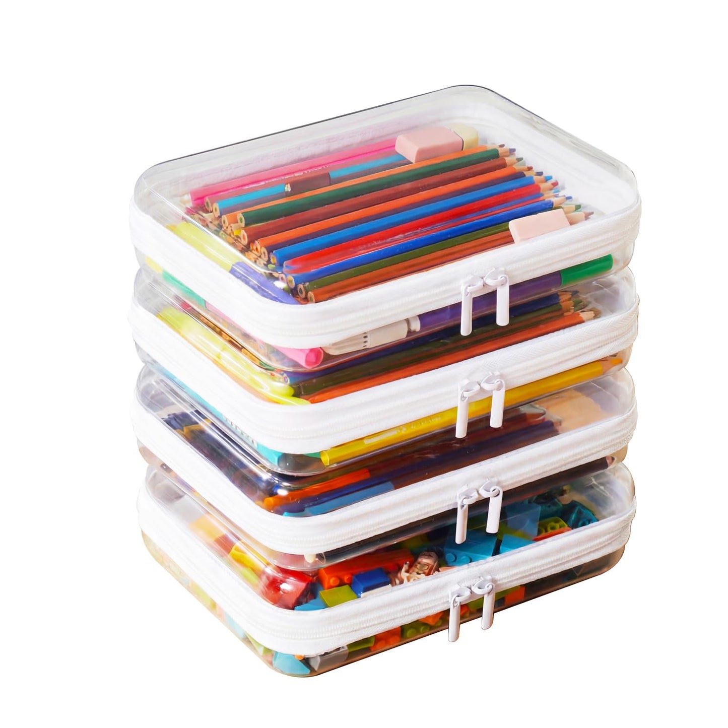 MACOPRO 4PCS Medium Clear Hard Shell Zipper Pouch - Makeup Organizer & Toy Storage Bag for Lego Bricks, Transparent Pencil Case for Stationery, Portable Travel Toiletries Bag