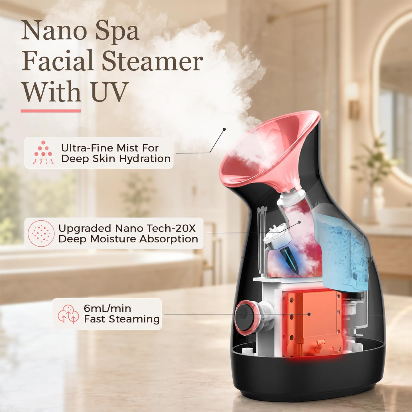 Facial Steamer Deep Cleaning Kit: Nano Ionic Face Steamer with 17 Skin Care Tools, Home Spa Skincare Set for Clean Refresh Repair, Unclogging Pores, Self Care Gifts for Women, Black Rose Gold