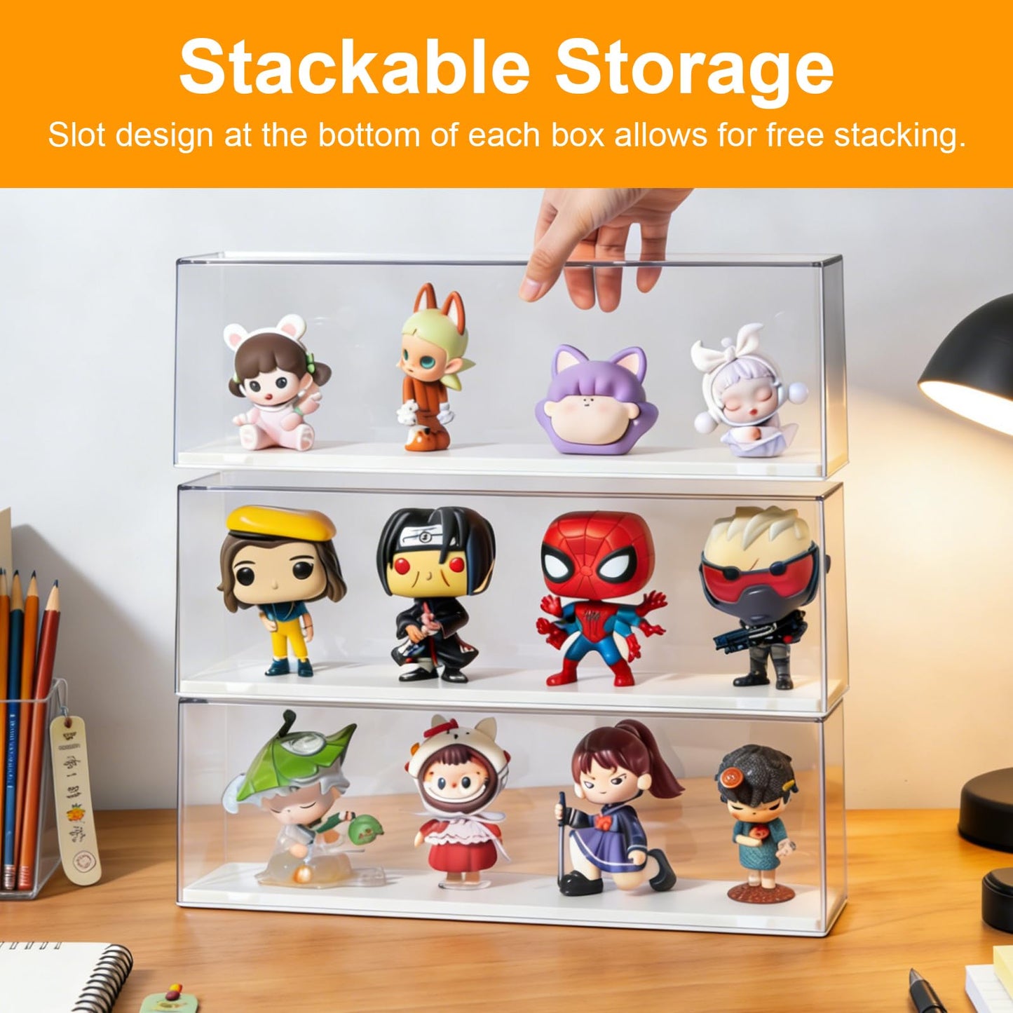 HONTUU 2 Pack Clear Acrylic Figures Display Case Stackable Box with Base, Dustproof Protector for Anime Figurine, Collectibles, Funko Pop, Model Cars - Home Office Display Showcase