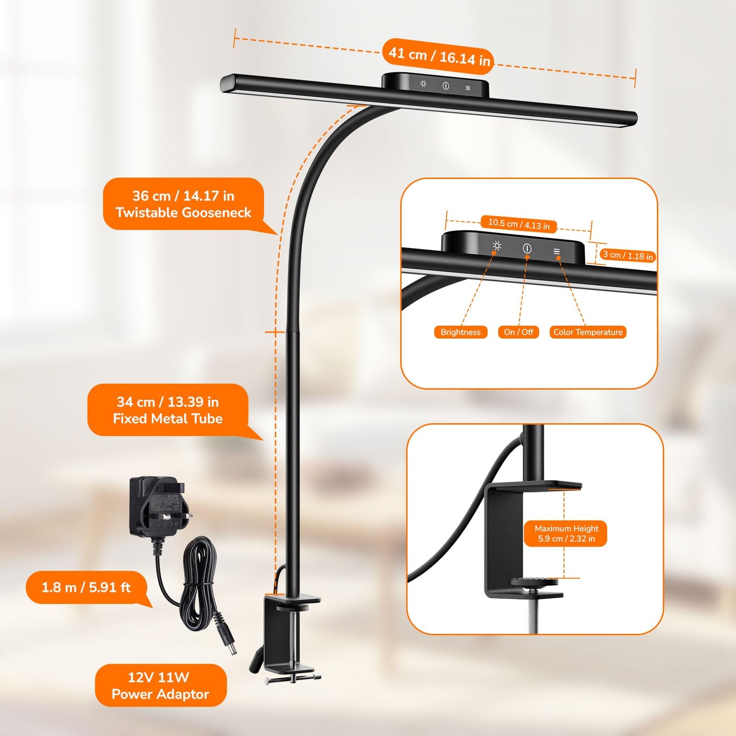 Lepro Led Desk Lamp for Home Office, Metal Architect Lamp with Clamp, 11W 650LM Eye-Caring Task Light, 25 Lighting Modes, Flexible Gooseneck for Monitor, Workbench, Drafting, Crafts, Reading, Black