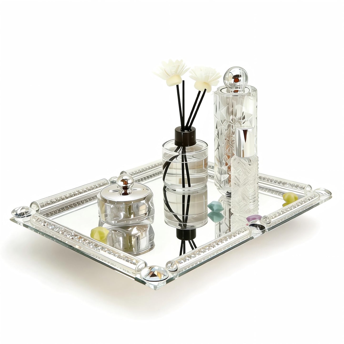 3-in-1 Perfume Crystal Mirror Tray, Luxurious Crushed Diamond Silver Decorative Tray, Non-Slip Desktop Storage Tray, Suitable for Storing Jewelry, Perfumes, and Cosmetics