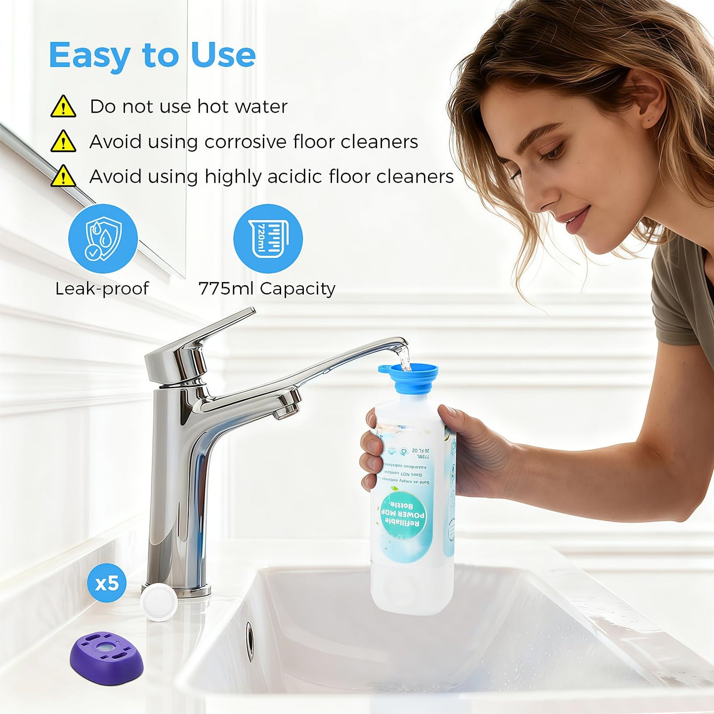 Ndoge Power Mop™ Refillable Bottle for Swiffer® PowerMop™ Multi-Surface Mop, 775ML /26 FL OZ Leak-Proof HDPE Refillable Bottle Solution Powermop™ Reusable Solution Container Replacement