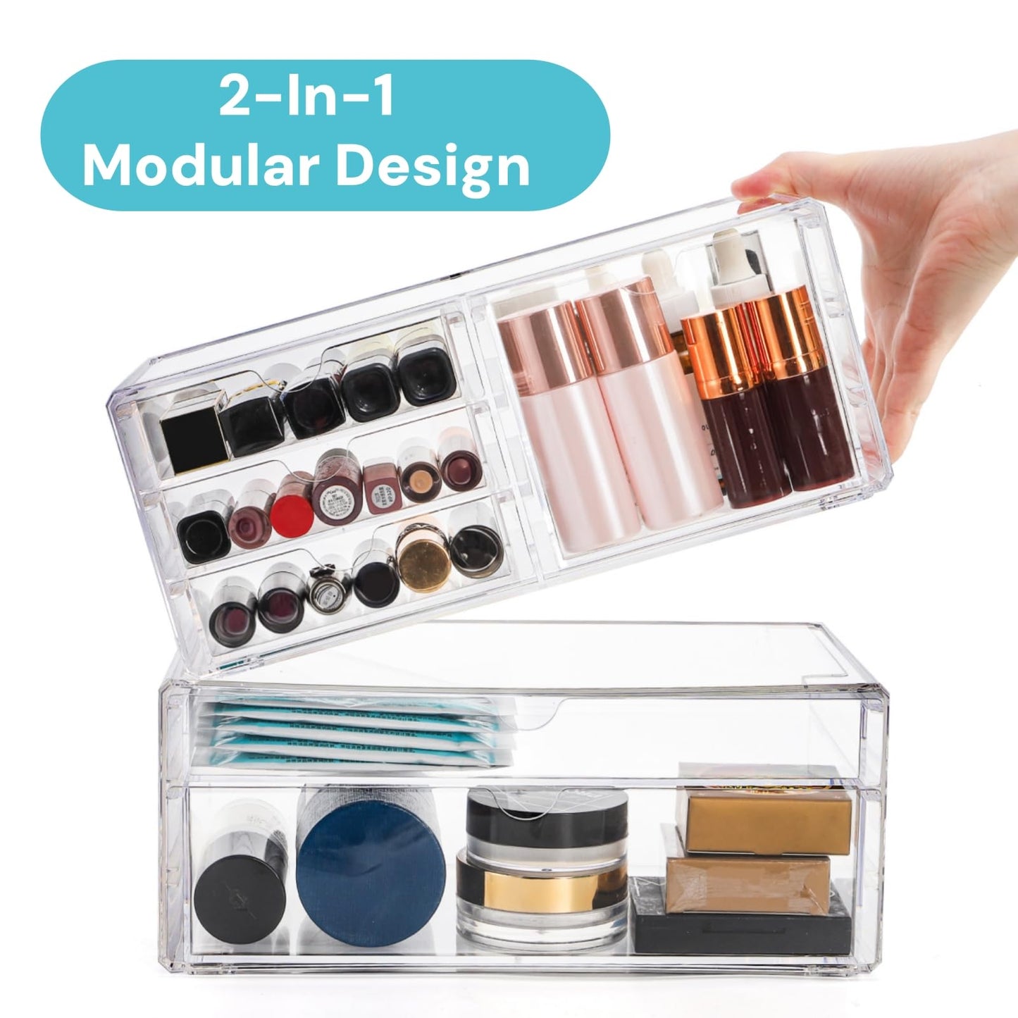 Jowgut Acrylic Makeup Organizer with 6 Drawers, 11" Stackable Office Desk Organizer Accessories, Clear Bathroom Storage Drawers for Makeup Palettes, Cosmetics, Vanity, Art Craft Supplies