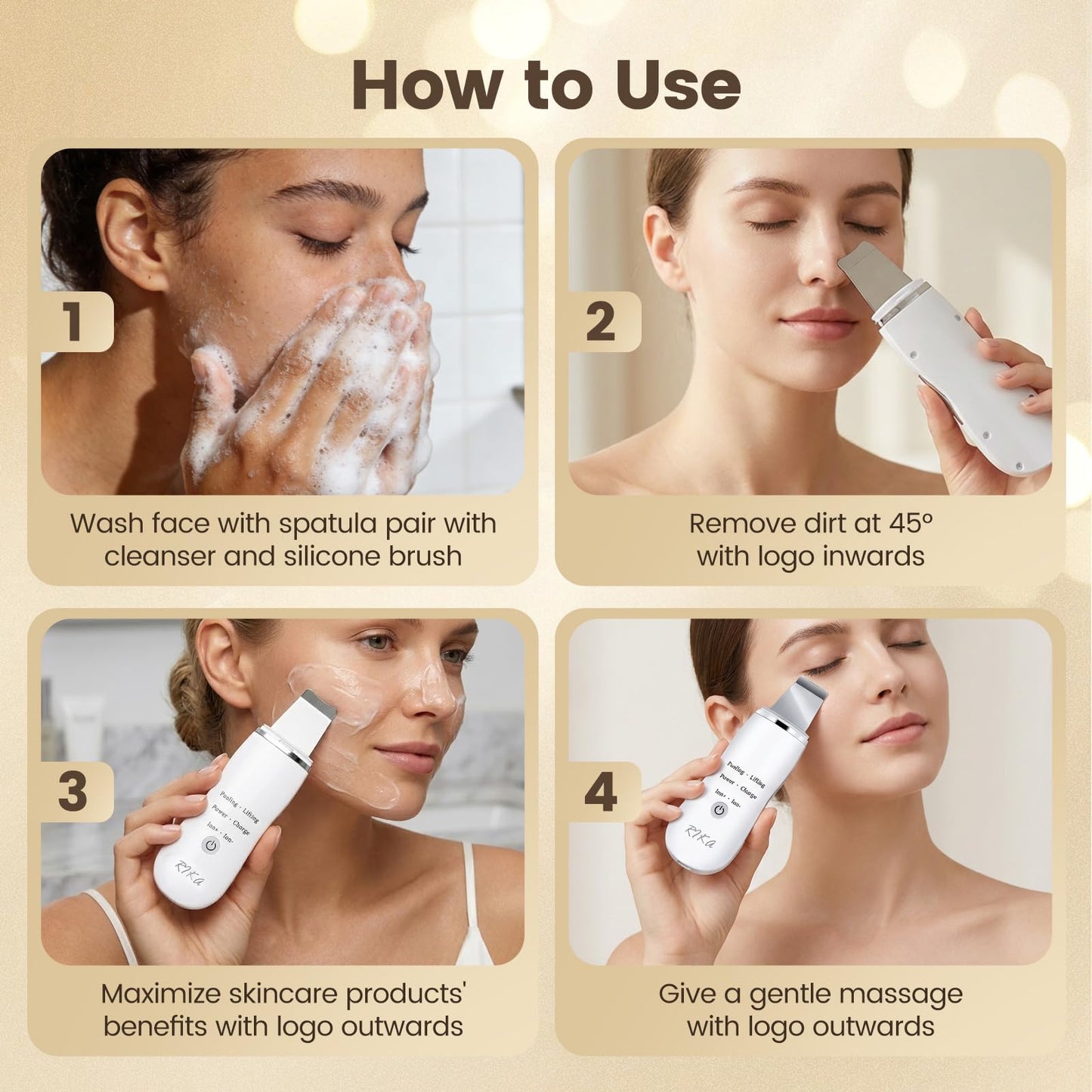 Rika Skin Care Tools, Skin Scrubber Waterproof Facial Spatula, Blackhead Removal Tools, Pore Cleaner with 4 Modes, Pore Scrubber for Deep Cleansing, Face Exfoliator Scrubber for Women Men