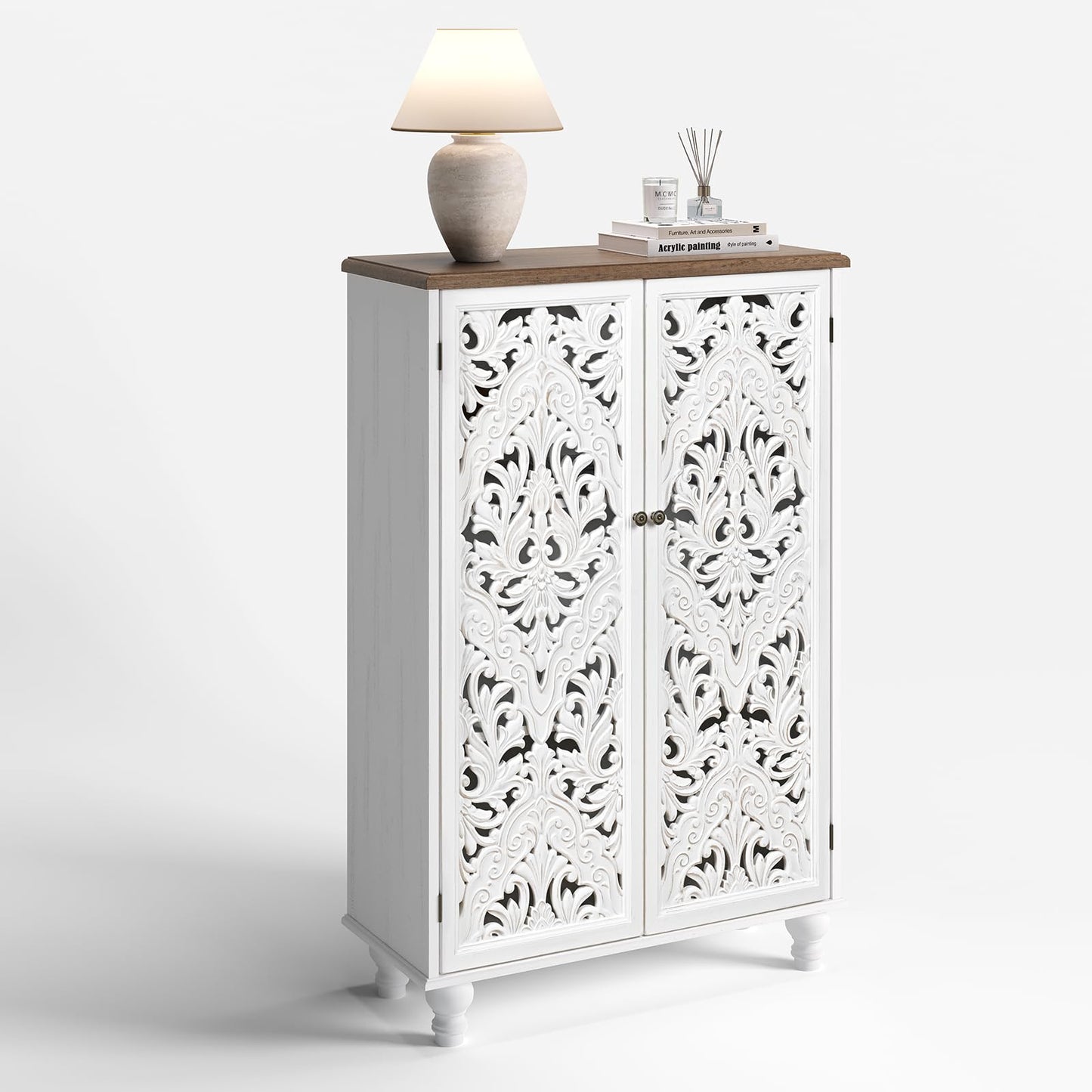 JOINICE 47" Tall Accent Cabinet with Carved Doors & Storage for Living Room,White Cabinet with Solid Wood Legs & 100lbs Capacity, Farmhouse/Rustic/Boho Style for Dining Room, Bedroom, Hallway, Study