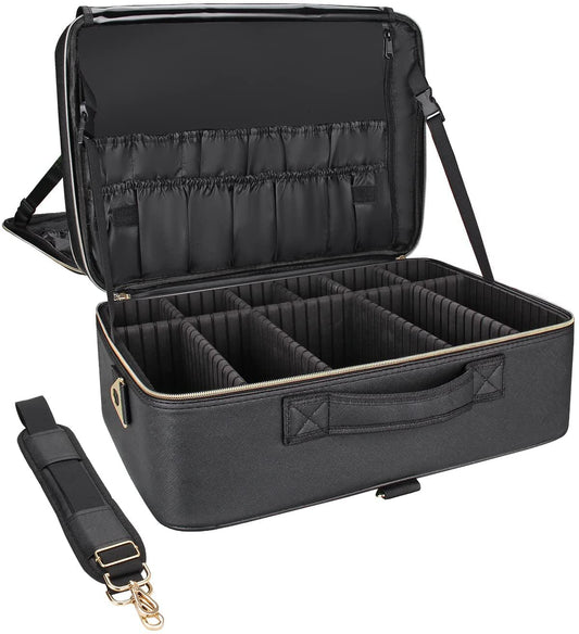 Relavel Extra Large Makeup Case Travel Makeup Bag Professional Leather Artist Bag Portable Cosmetic Brush Holder Organizer Nail Organizer Box with Adjustable Dividers