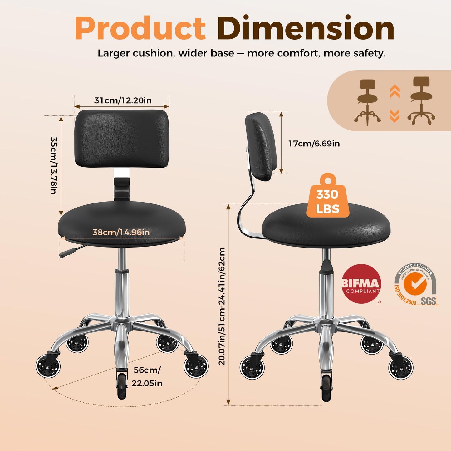Rolling Stool Chair with Wheels, Office Drafting Chair with Back Support, Height Adjustable Standing Desk Stool with PU Leather Cushion for Home Office Kitchen Vanity Spa Garage Tattoo Dentist, Black