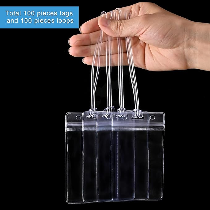 100 Pack Clear Luggage Tags Bag Tags Holder Identification ID Card Badge Holder with Luggage Tag Loop Straps for Business Travel and Office Supplies
