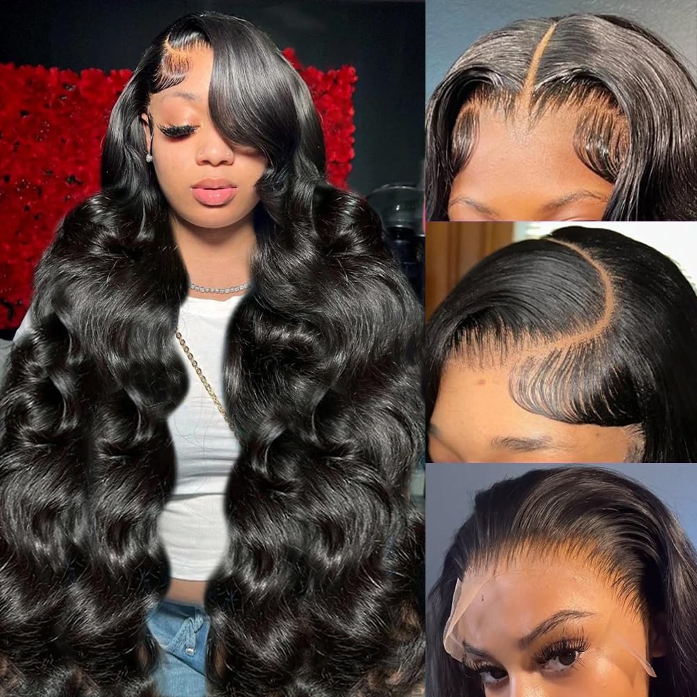 Yamikk 13x6 Body Wave Lace Front Wigs Human Hair Pre Plucked Pre Bleached 180 Density Soft Human Hair Wigs For Women 28 Inch HD Lace Frontal Wig With Baby Hair