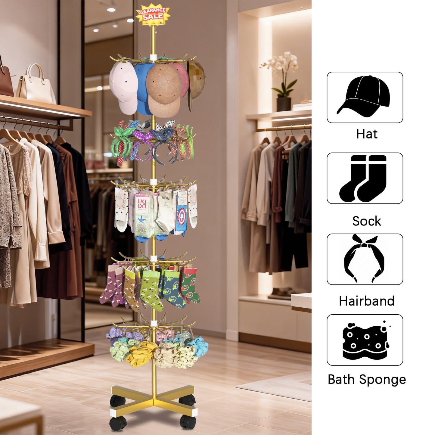 Exttlliy Retail Display Stand Store Display Rack 6 Tier Metal Spinning Display Stand Rack with Wheels Keychain Jewelry Stocking Hat Stand with Hooks for Malls, Showroom, Retail Store (6 Tier Gold)