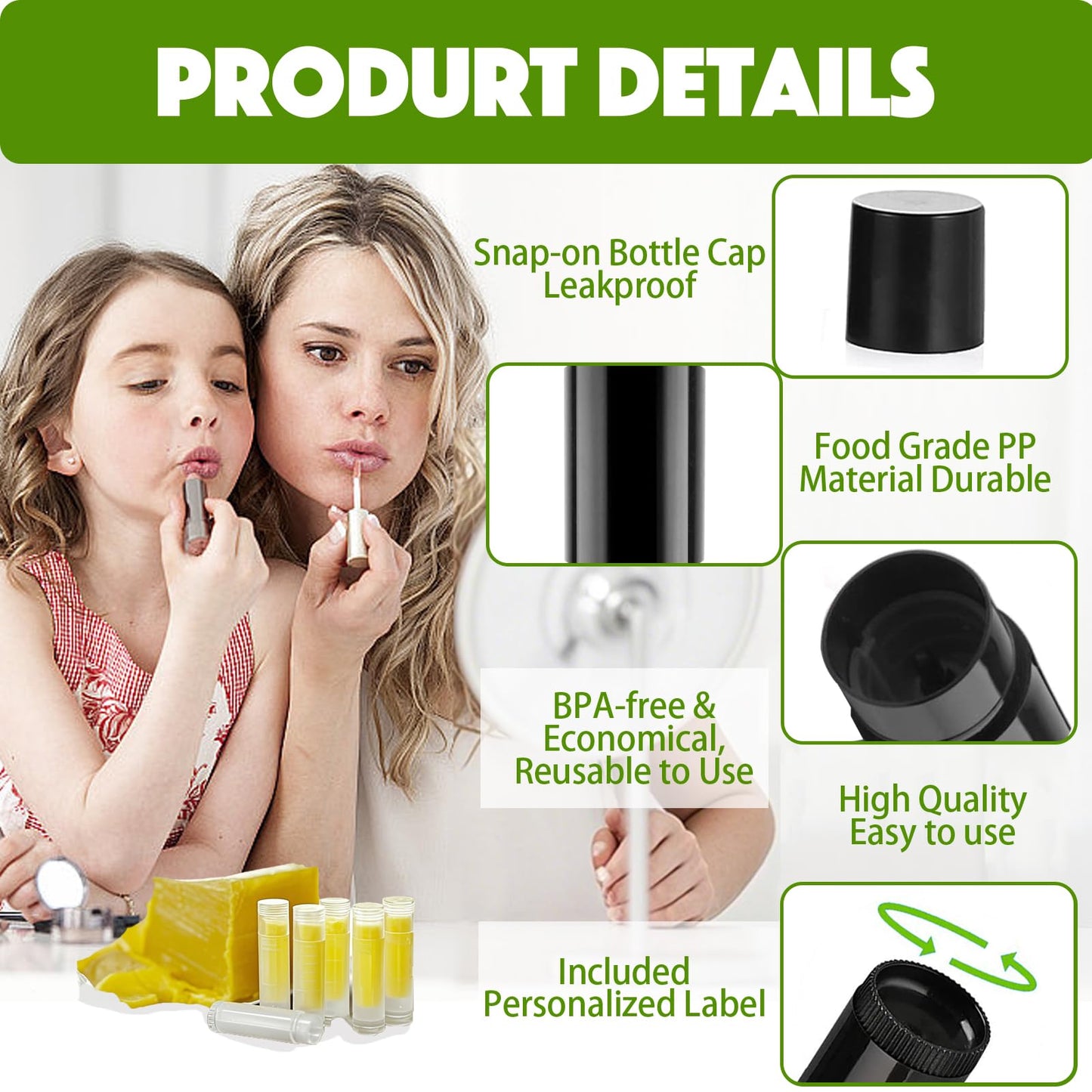 Lip Balm Tubes with Filling Tray and Spatula, 50 Empty Lip Balms Containers with Caps (Clear+Black), BPA Free, Make Natural Lip Balm Kit for DIY