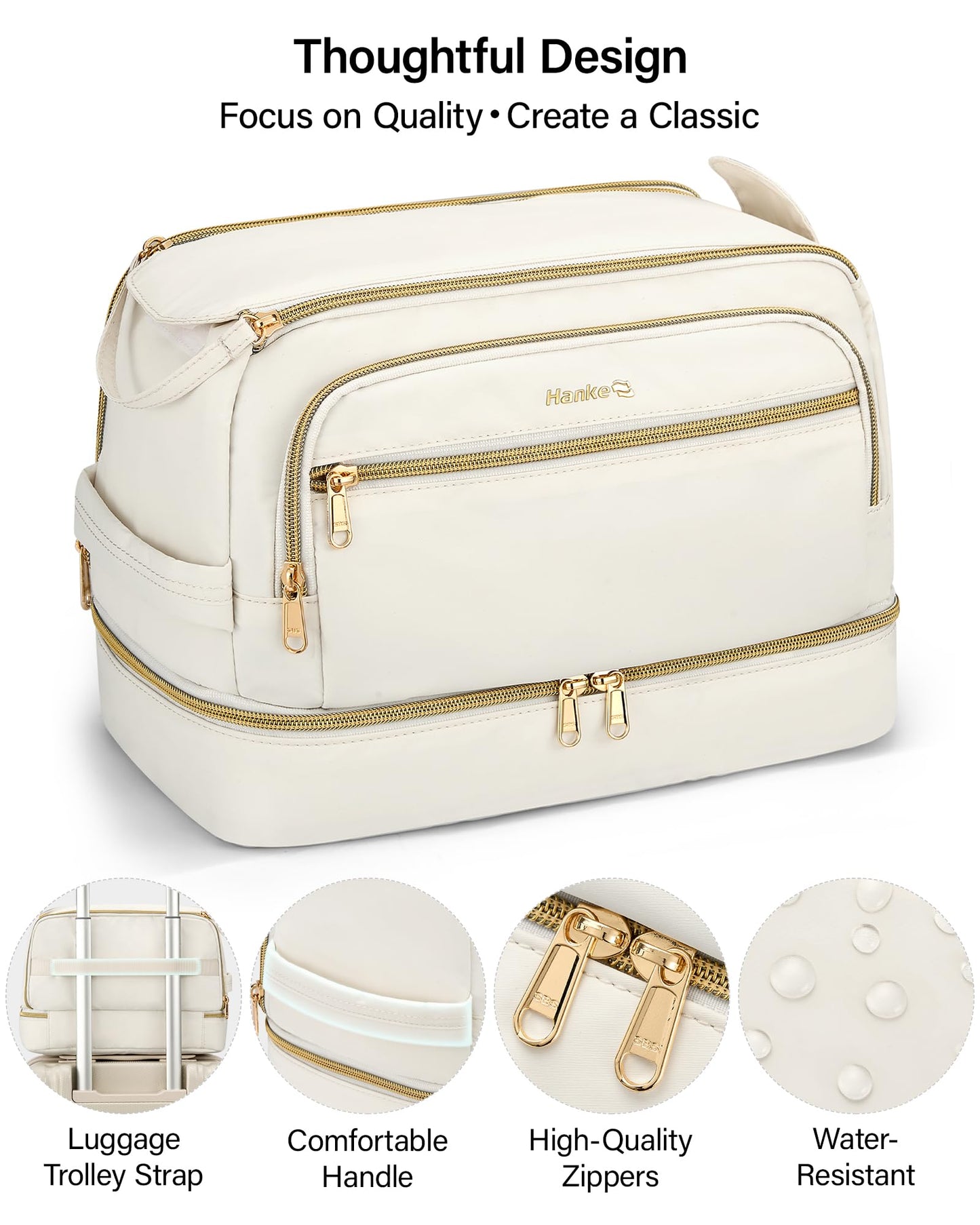 Hanke Travel Toiletry Bag, Lightweight Wide-open Makeup Bag, Dual-Layer Travel Bag for Toiletries Water-Resistant Cosmetic Bags Large Toiletry Bags for Women & Men, Travel Essentials, Off White